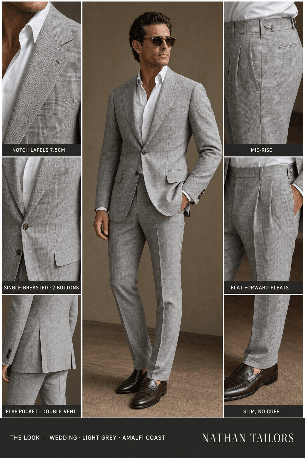 light grey glen plaid single-breasted notch-lapel online custom suit — designed online at RemoteSuit. Made-to-measure online custom suit available from $109.