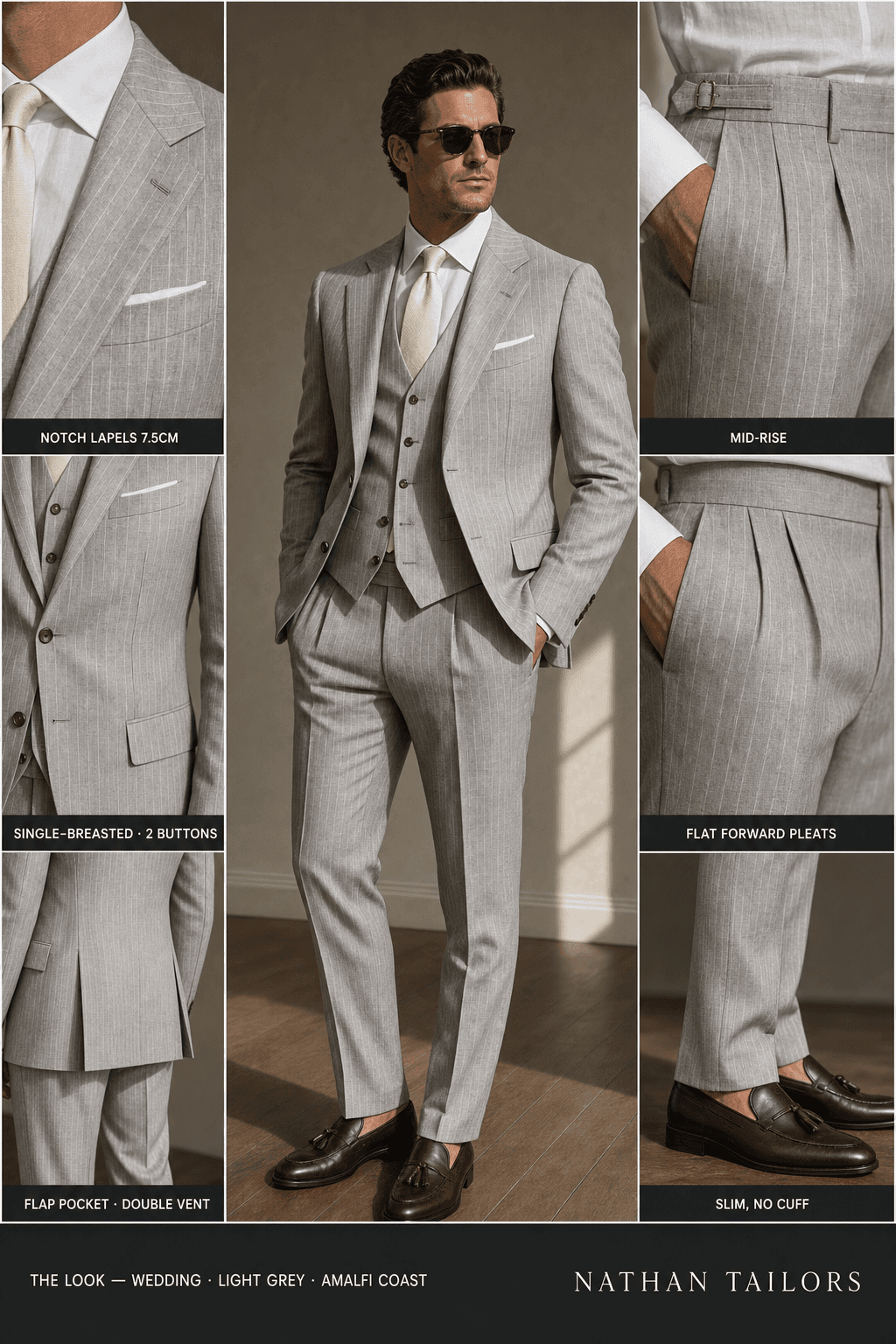 light grey pinstripe single-breasted notch-lapel online custom suit — designed online at RemoteSuit. Made-to-measure online custom suit available from $109.