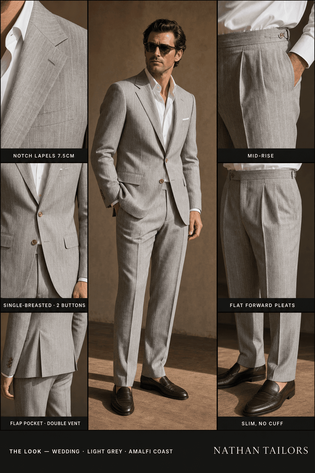 light grey pinstripe single-breasted notch-lapel online custom suit — designed online at RemoteSuit. Made-to-measure online custom suit available from $109.