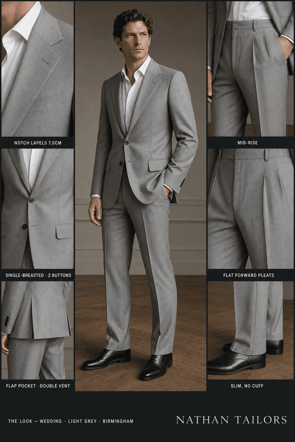 light grey single-breasted notch-lapel online custom suit — designed online at RemoteSuit. Made-to-measure online custom suit available from $109.