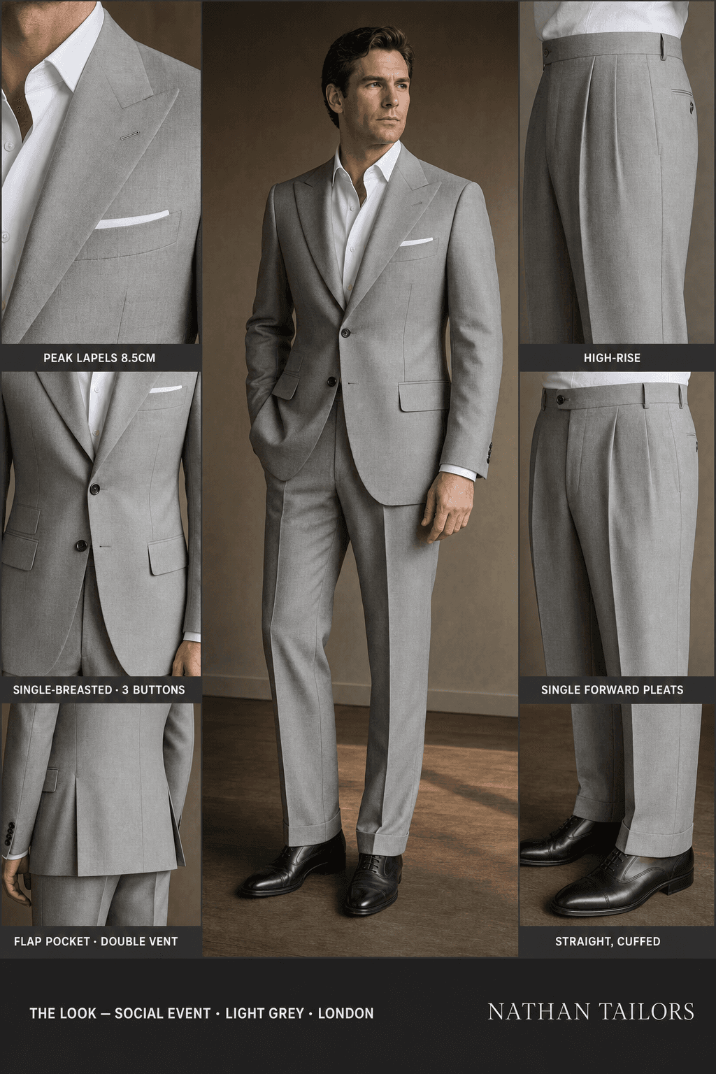 light grey single-breasted peak-lapel online custom suit — designed online at RemoteSuit. Made-to-measure online custom suit available from $109.