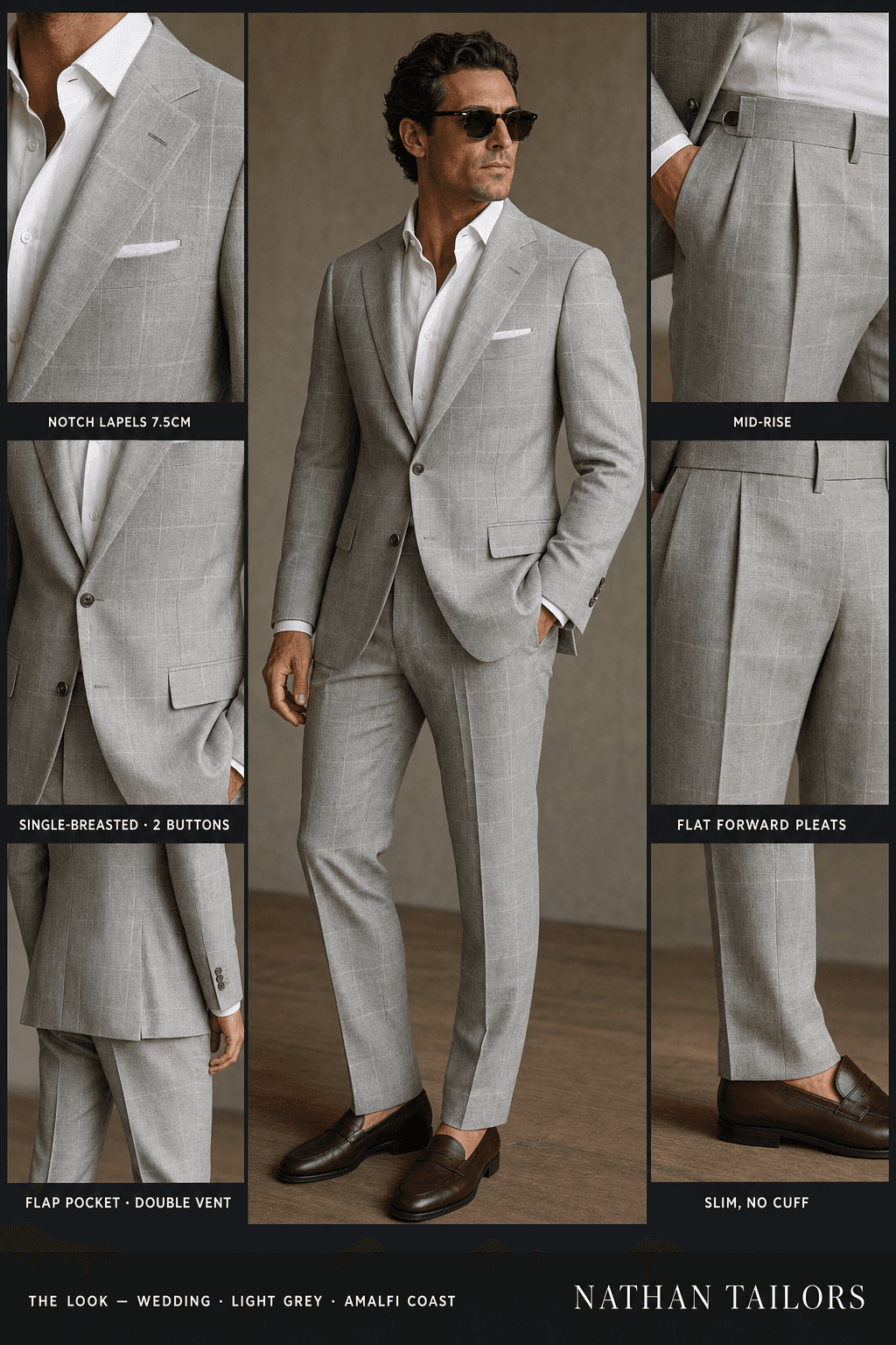 light grey windowpane single-breasted notch-lapel online custom suit — designed online at RemoteSuit. Made-to-measure online custom suit available from $109.