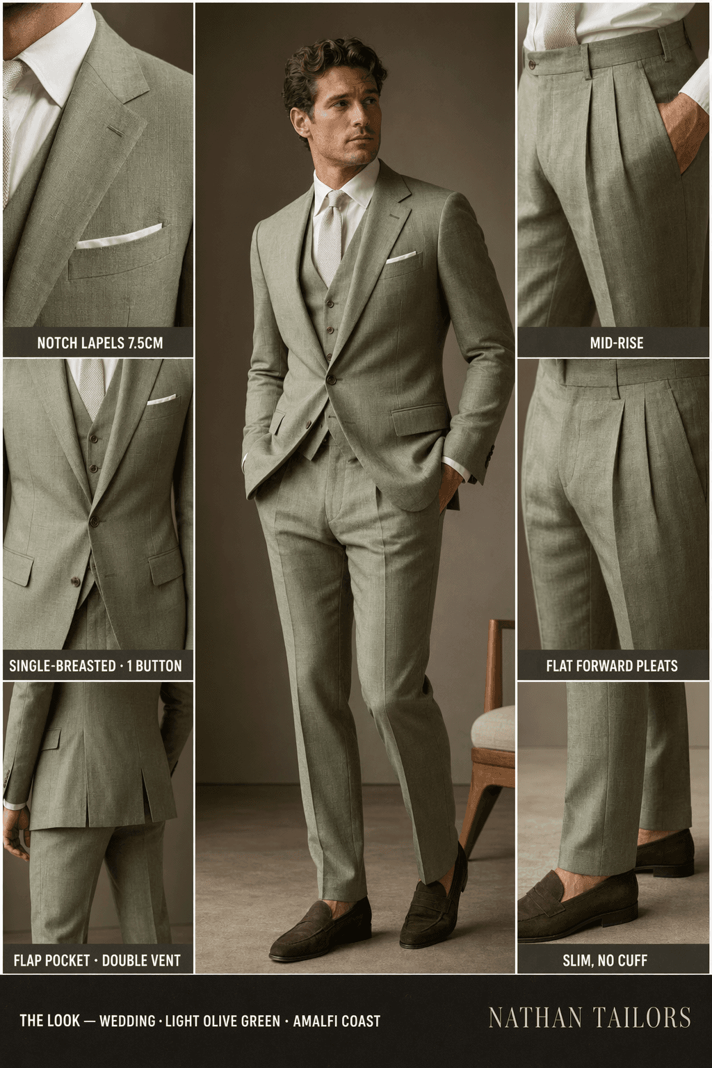 light olive green single-breasted notch-lapel online custom suit — designed online at RemoteSuit. Made-to-measure online custom suit available from $109.