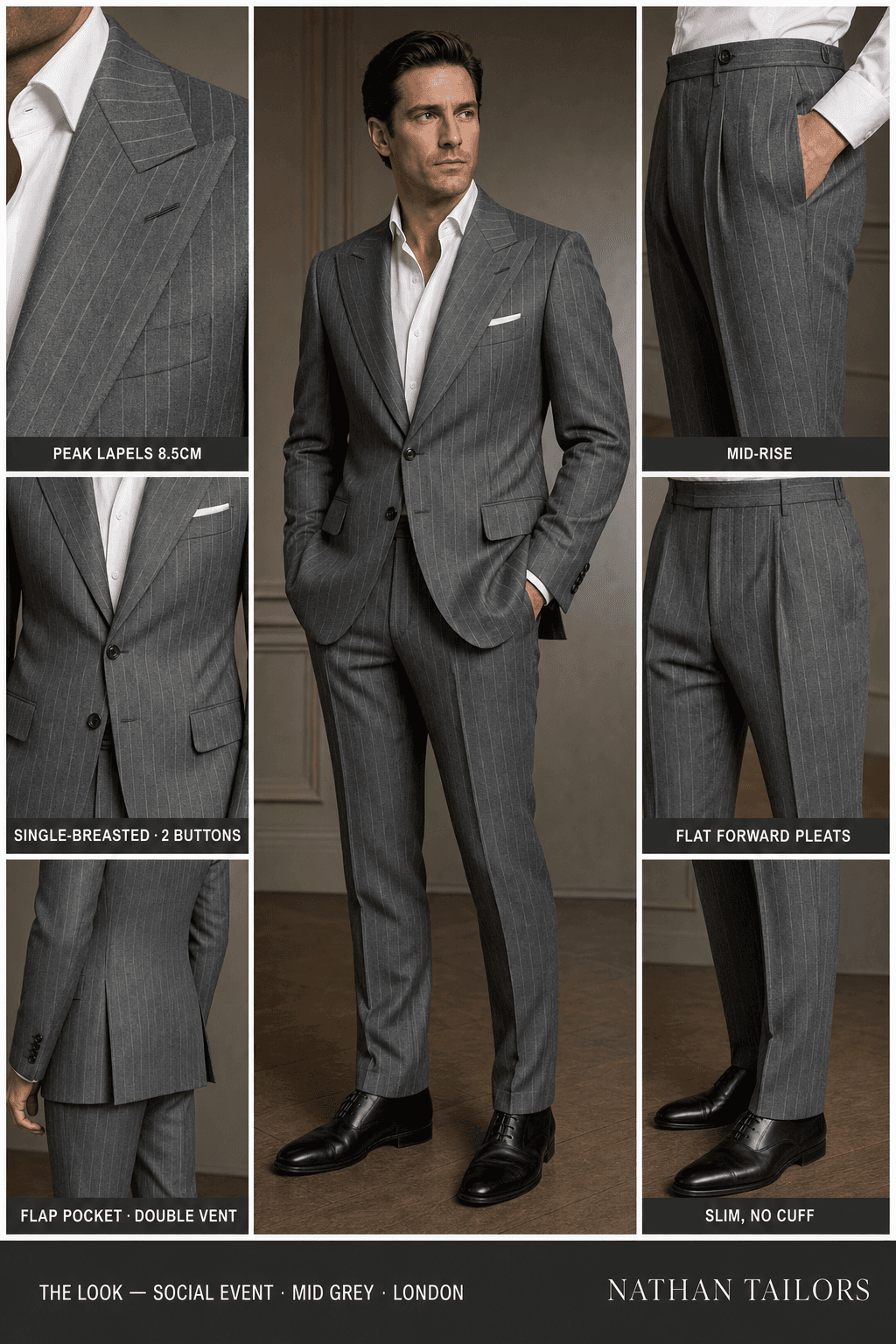 mid grey chalk stripe single-breasted peak-lapel online custom suit — designed online at RemoteSuit. Made-to-measure online custom suit available from $109.