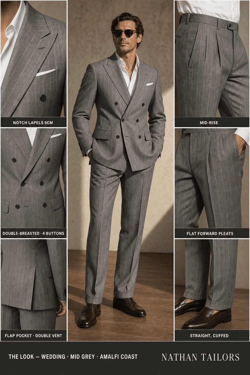mid grey pinstripe double-breasted notch-lapel online custom suit — designed online at RemoteSuit. Made-to-measure online custom suit available from $109.