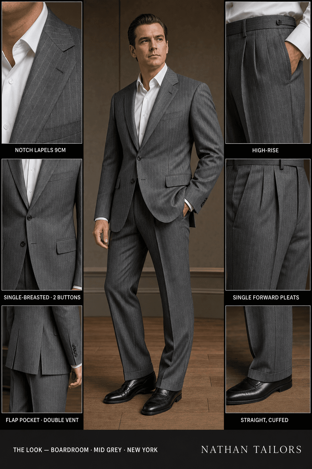 mid grey pinstripe single-breasted notch-lapel online custom suit — designed online at RemoteSuit. Made-to-measure online custom suit available from $109.