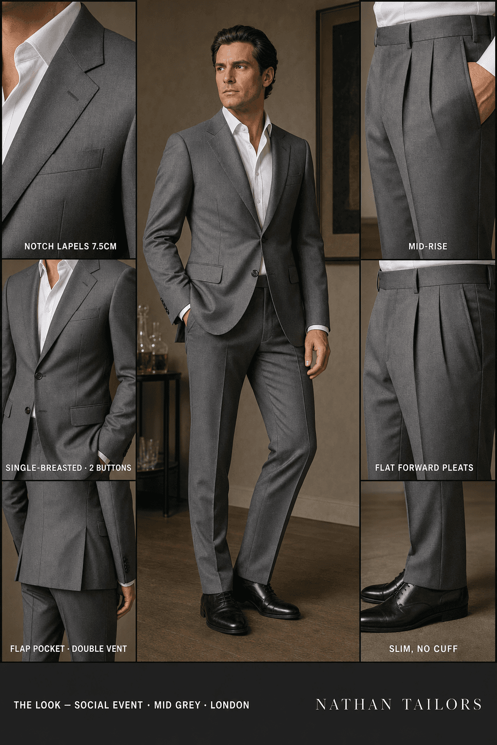 mid grey single-breasted notch-lapel online custom suit — designed online at RemoteSuit. Made-to-measure online custom suit available from $109.