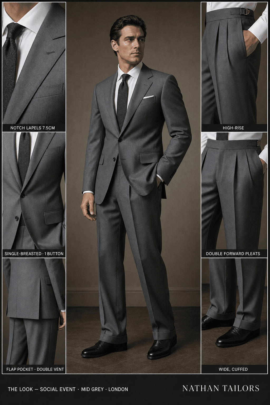 mid grey single-breasted notch-lapel online custom suit — designed online at RemoteSuit. Made-to-measure online custom suit available from $109.