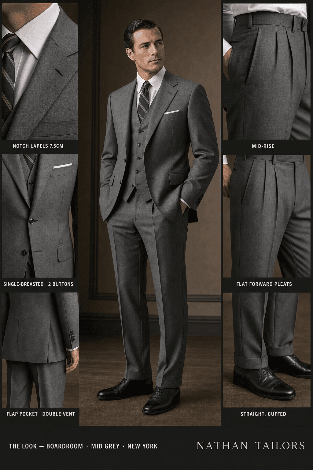 mid grey single-breasted notch-lapel online custom suit — designed online at RemoteSuit. Made-to-measure online custom suit available from $109.