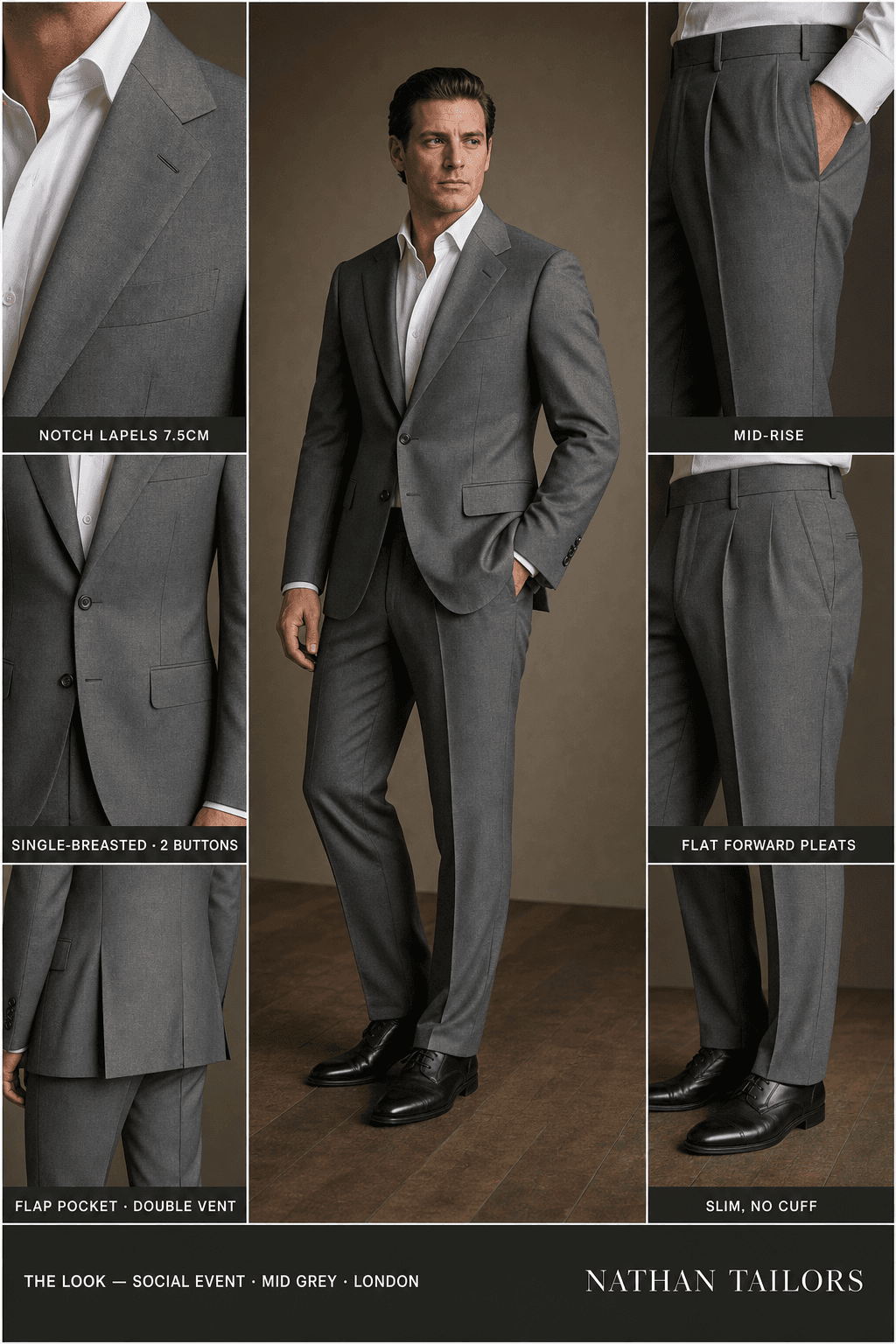 mid grey single-breasted notch-lapel online custom suit — designed online at RemoteSuit. Made-to-measure online custom suit available from $109.