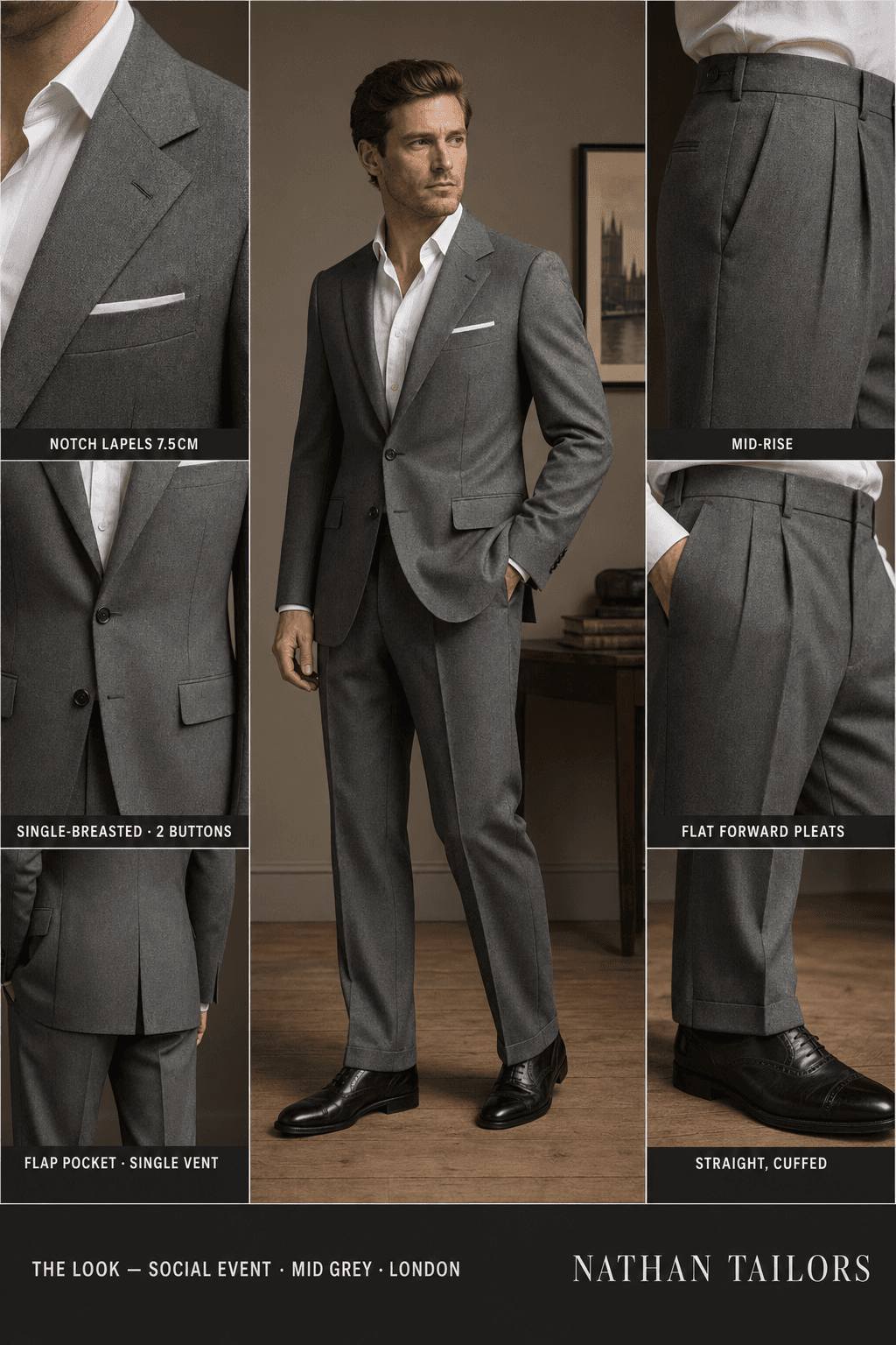 mid grey single-breasted notch-lapel online custom suit — designed online at RemoteSuit. Made-to-measure online custom suit available from $109.
