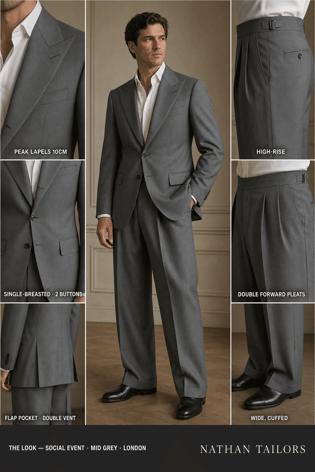 mid grey single-breasted peak-lapel online custom suit — designed online at RemoteSuit. Made-to-measure online custom suit available from $109.