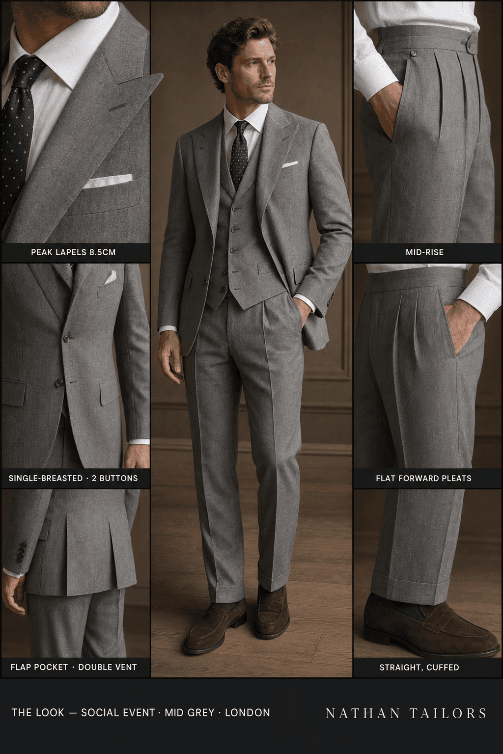 mid grey single-breasted peak-lapel online custom suit — designed online at RemoteSuit. Made-to-measure online custom suit available from $109.