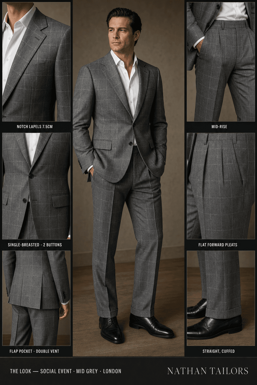 mid grey windowpane single-breasted notch-lapel online custom suit — designed online at RemoteSuit. Made-to-measure online custom suit available from $109.