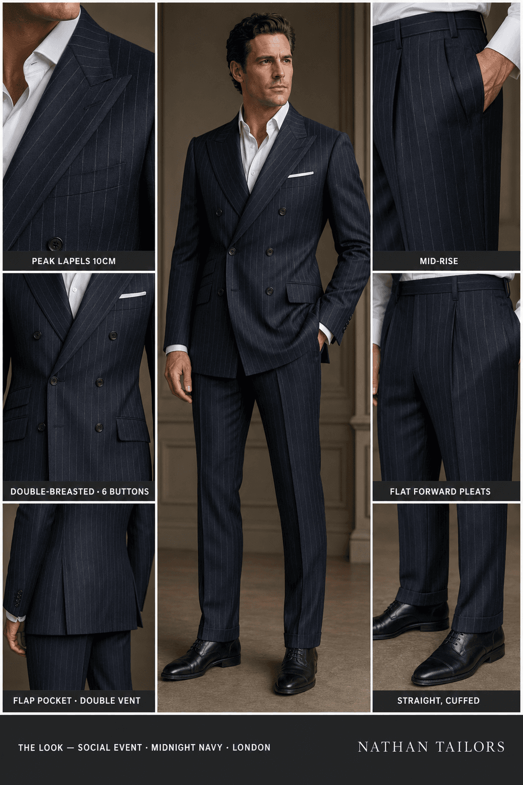 midnight navy chalk stripe double-breasted peak-lapel online custom suit — designed online at RemoteSuit. Made-to-measure online custom suit available from $109.