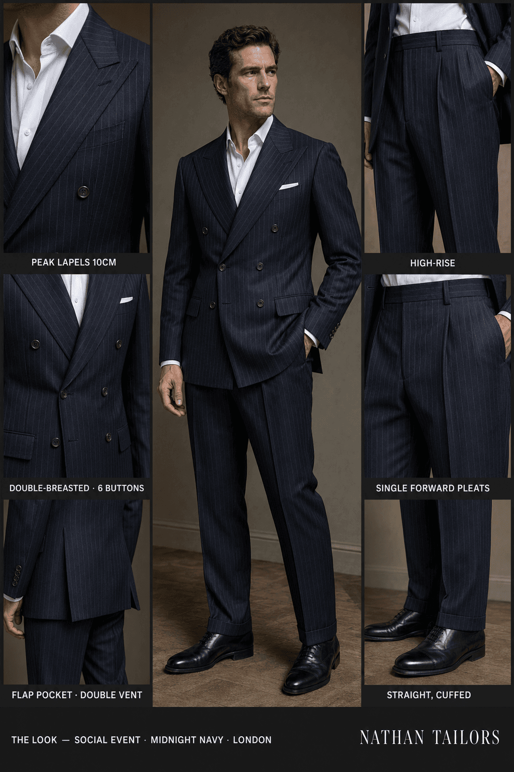 midnight navy chalk stripe double-breasted peak-lapel online custom suit — designed online at RemoteSuit. Made-to-measure online custom suit available from $109.