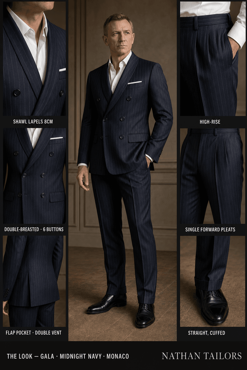 midnight navy chalk stripe double-breasted shawl-lapel online custom suit — designed online at RemoteSuit. Made-to-measure online custom suit available from $109.