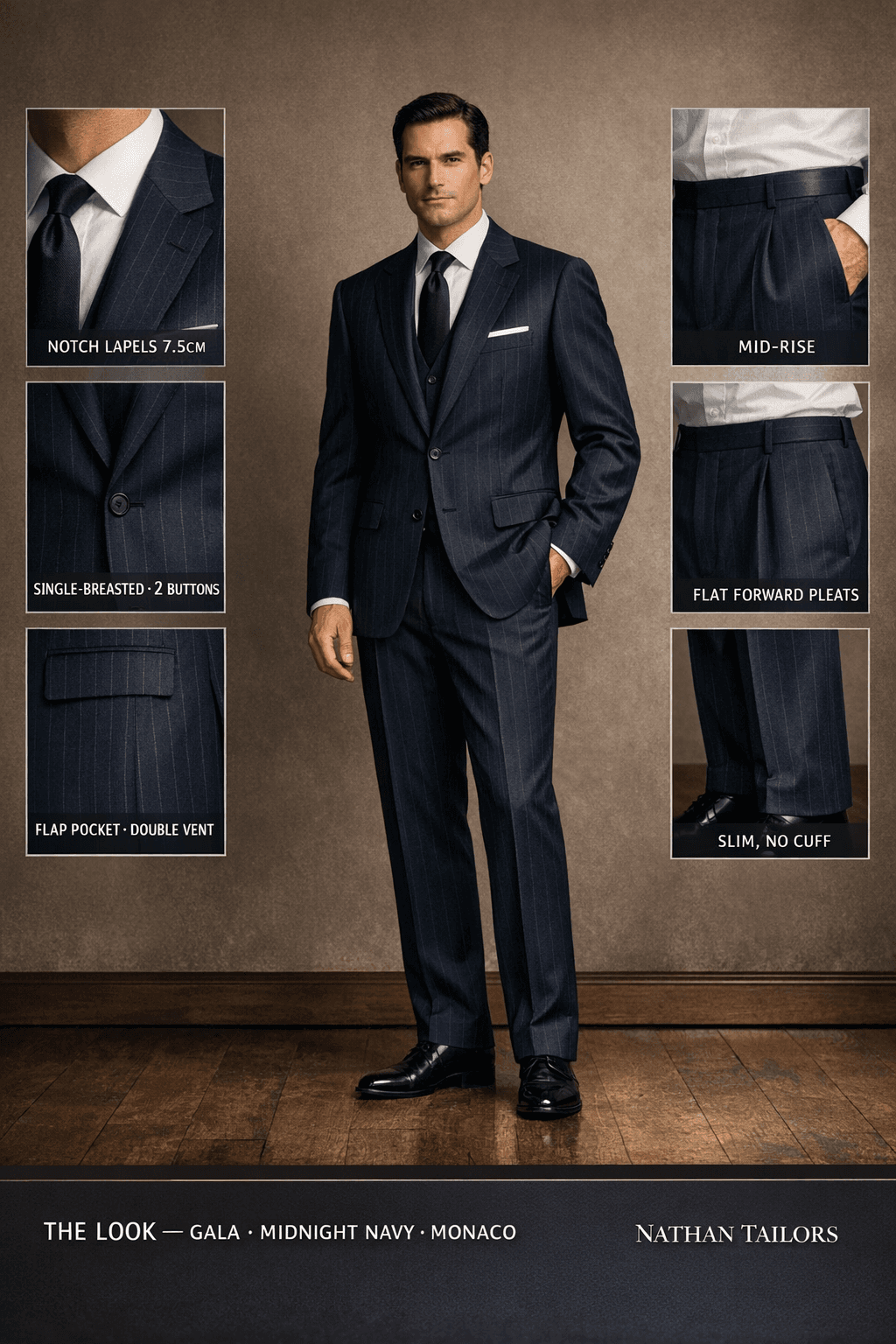 midnight navy chalk stripe single-breasted notch-lapel online custom suit — designed online at RemoteSuit. Made-to-measure online custom suit available from $109.