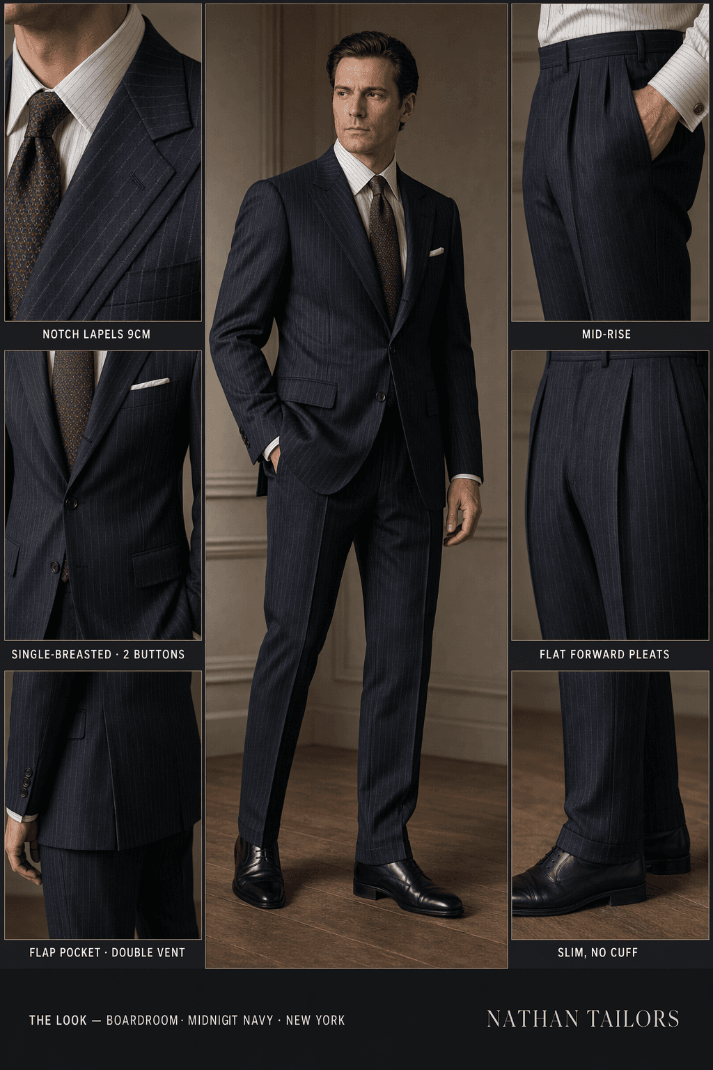 midnight navy chalk stripe single-breasted notch-lapel online custom suit — designed online at RemoteSuit. Made-to-measure online custom suit available from $109.