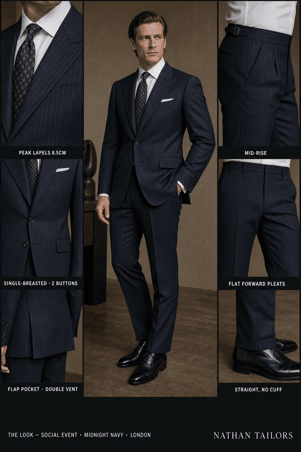 midnight navy chalk stripe single-breasted peak-lapel online custom suit — designed online at RemoteSuit. Made-to-measure online custom suit available from $109.