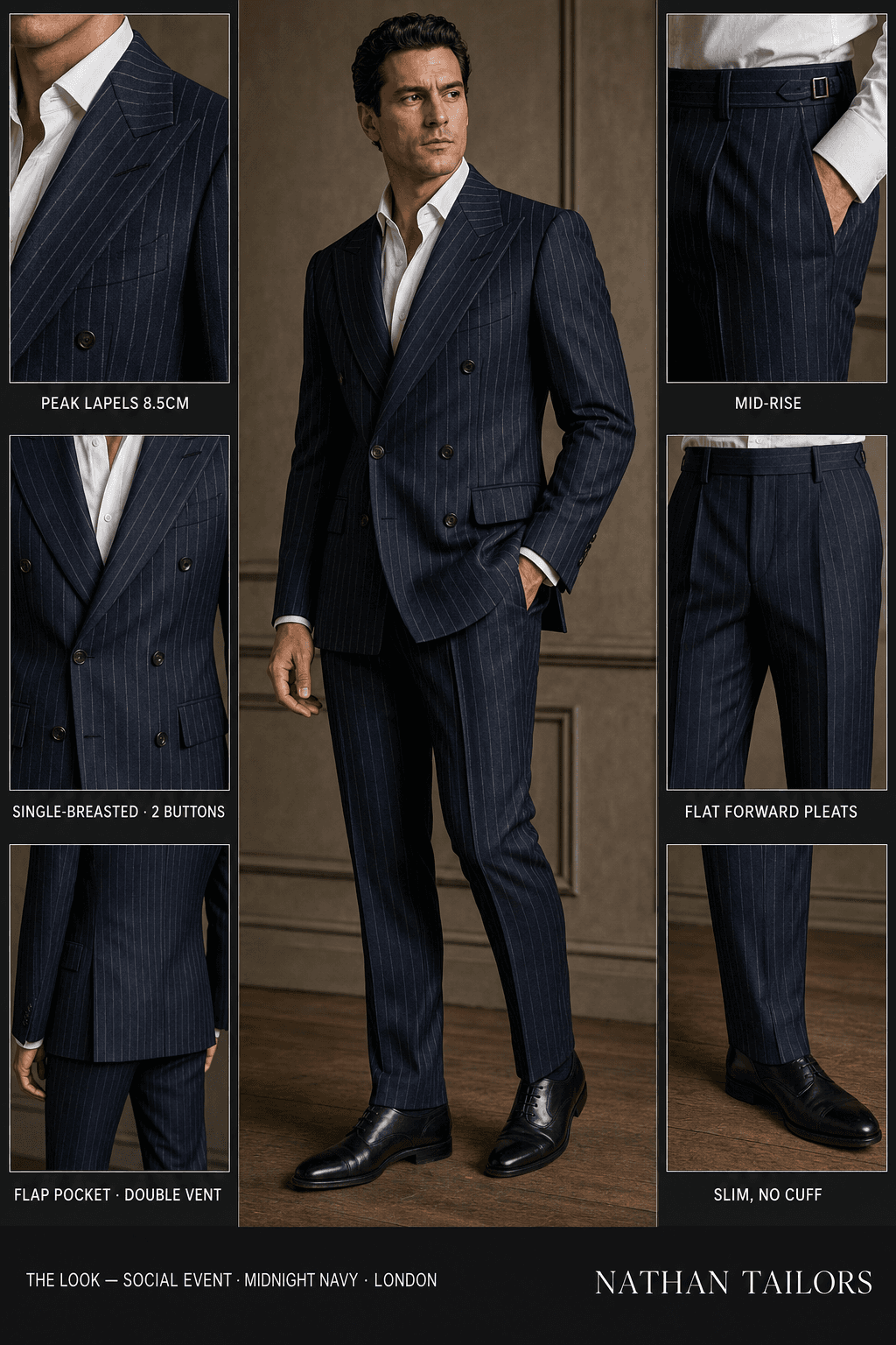 midnight navy chalk stripe single-breasted peak-lapel online custom suit — designed online at RemoteSuit. Made-to-measure online custom suit available from $109.