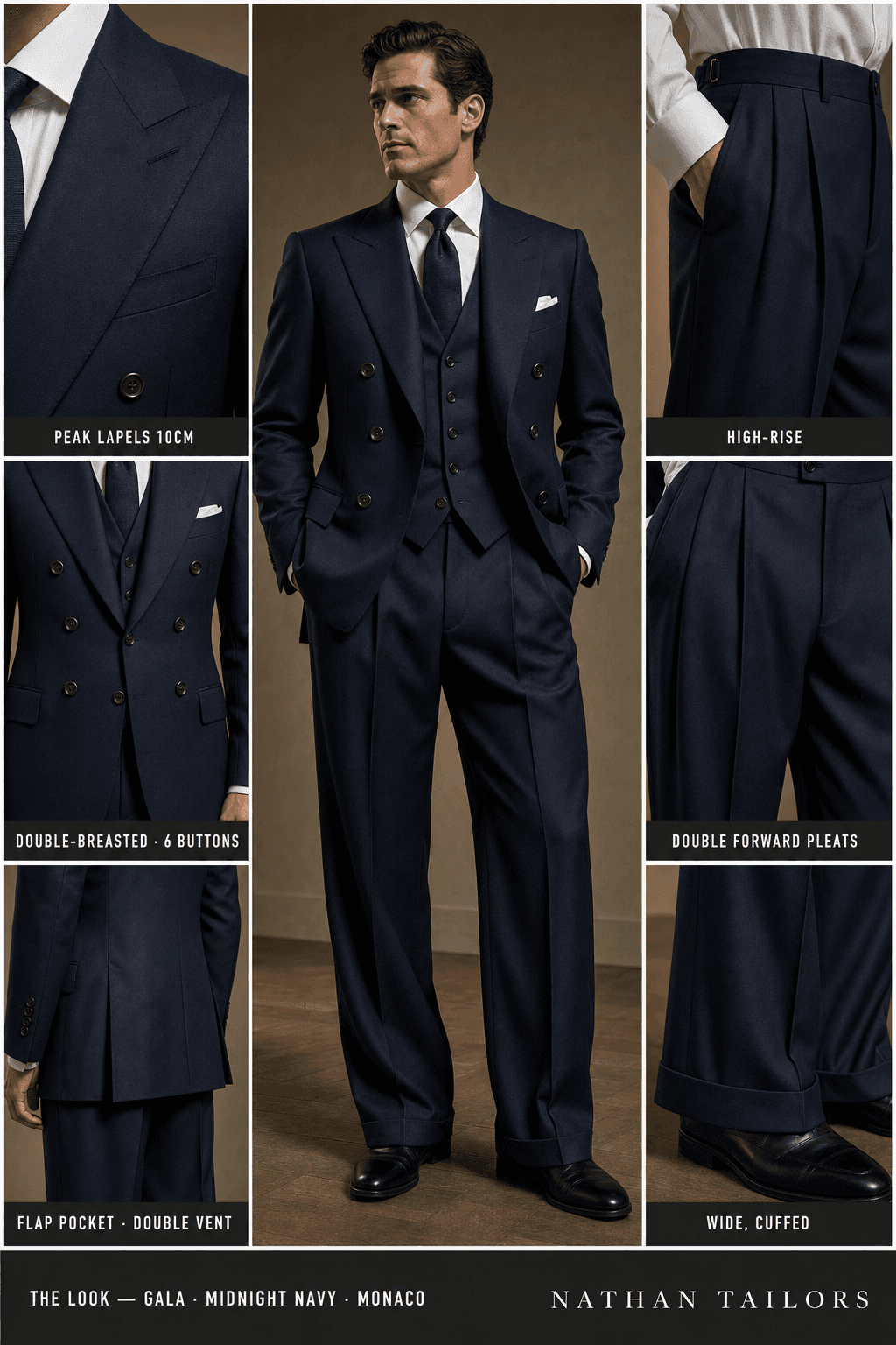 midnight navy double-breasted peak-lapel online custom suit — designed online at RemoteSuit. Made-to-measure online custom suit available from $109.