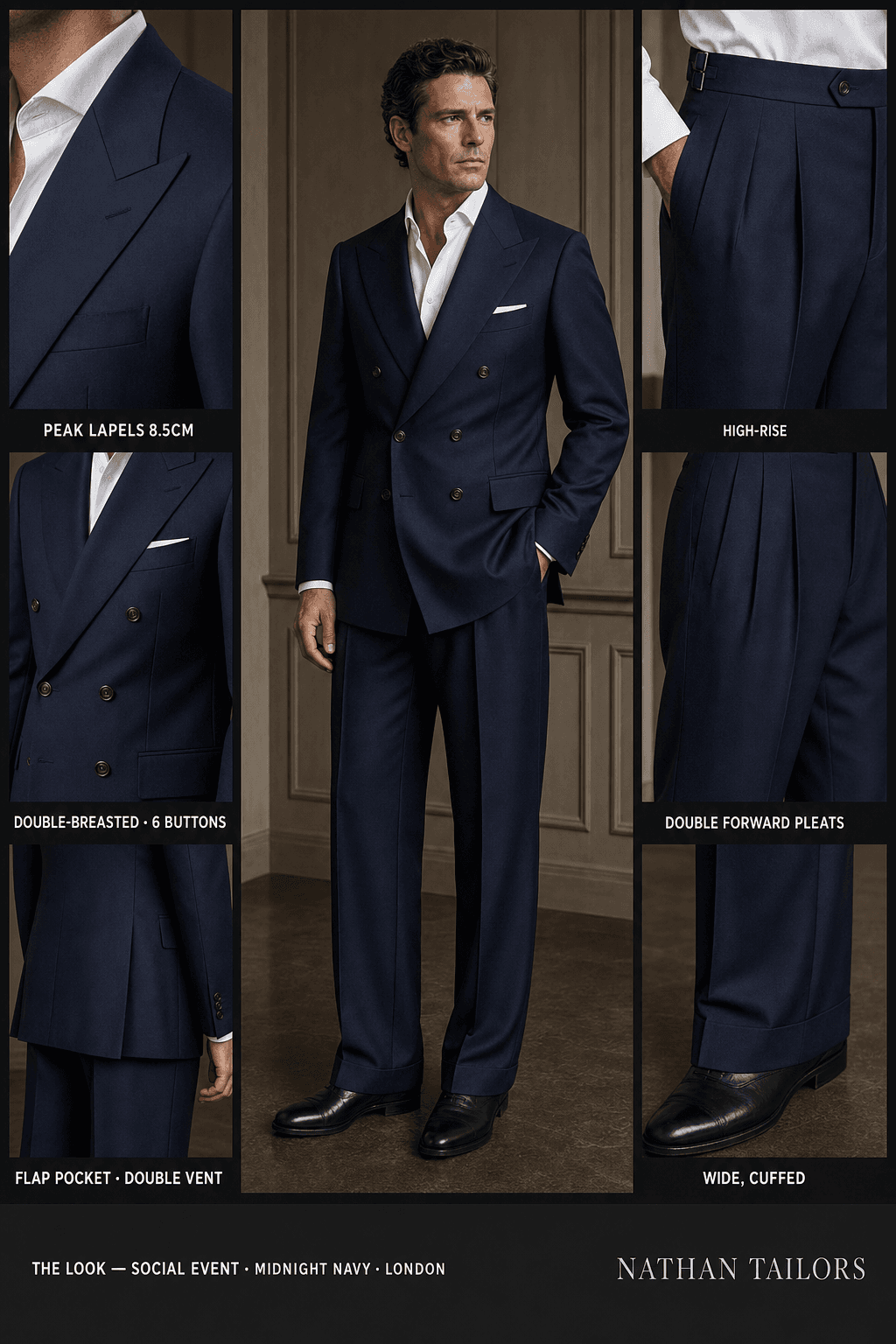 midnight navy double-breasted peak-lapel online custom suit — designed online at RemoteSuit. Made-to-measure online custom suit available from $109.