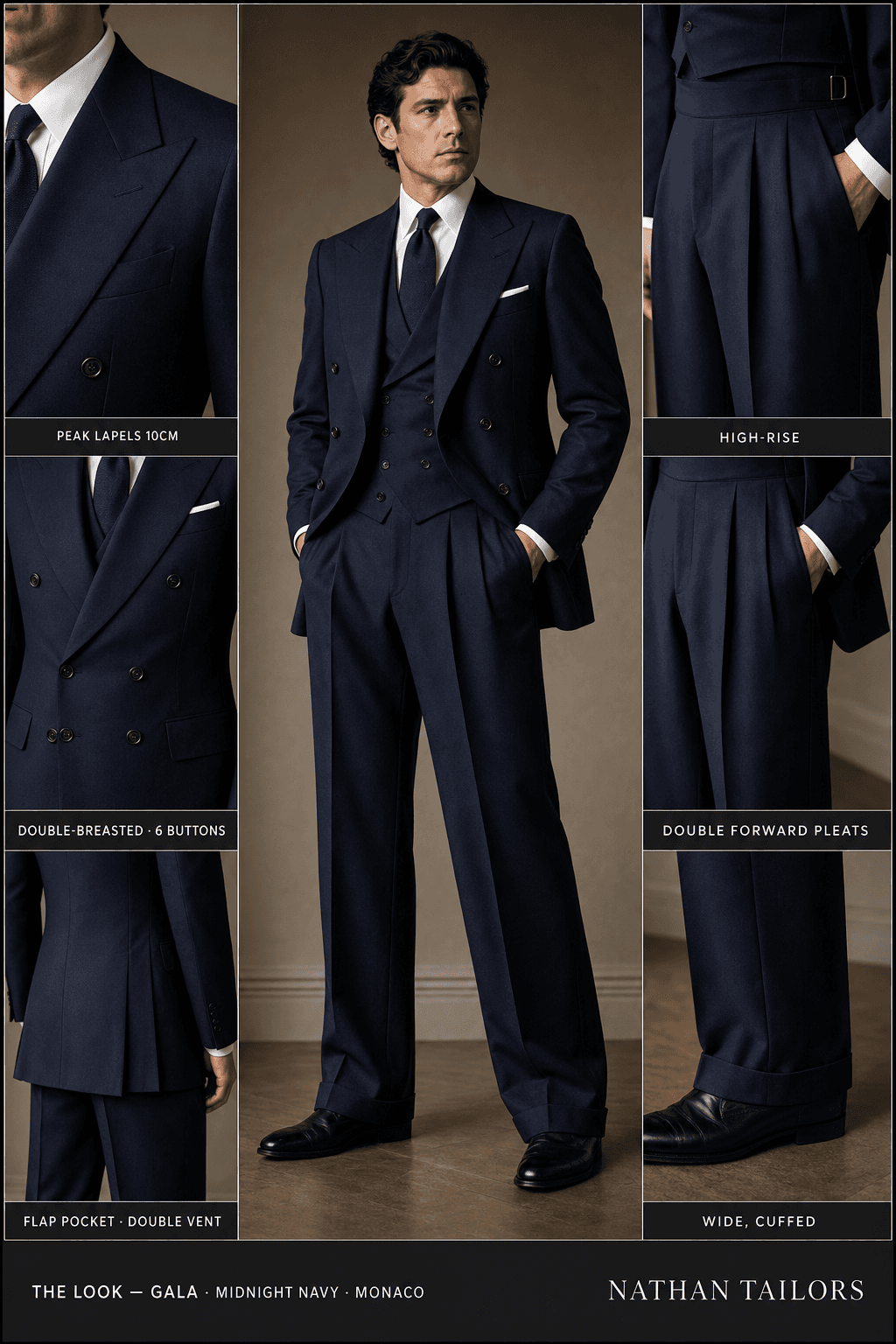 midnight navy double-breasted peak-lapel online custom suit — designed online at RemoteSuit. Made-to-measure online custom suit available from $109.