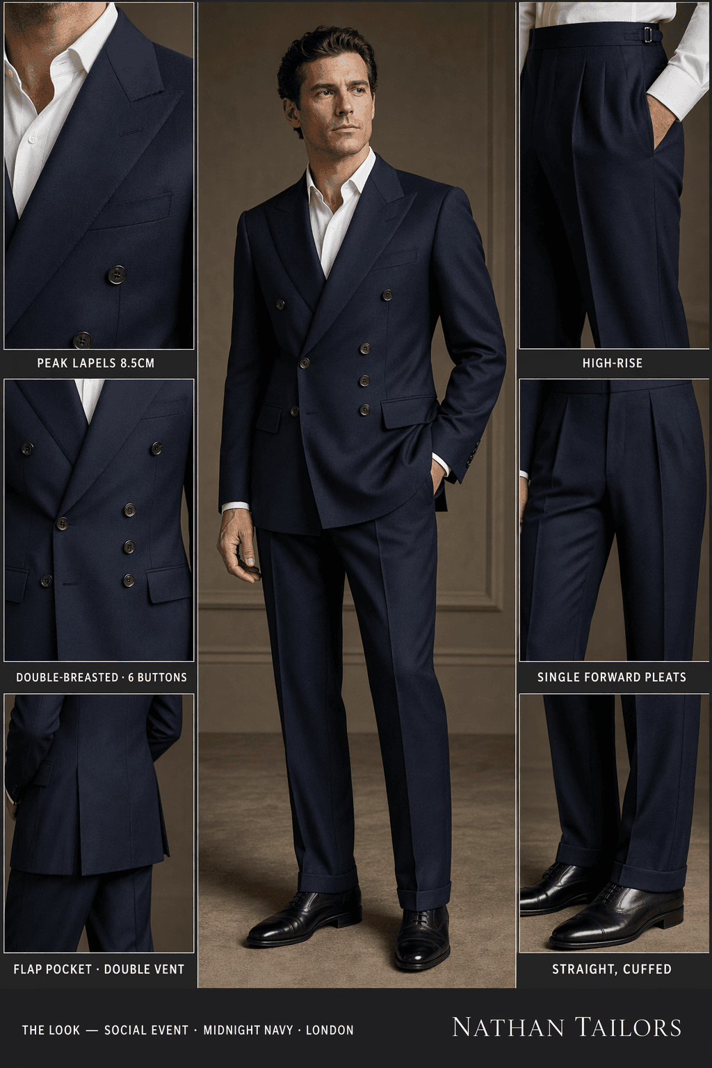 midnight navy double-breasted peak-lapel online custom suit — designed online at RemoteSuit. Made-to-measure online custom suit available from $109.
