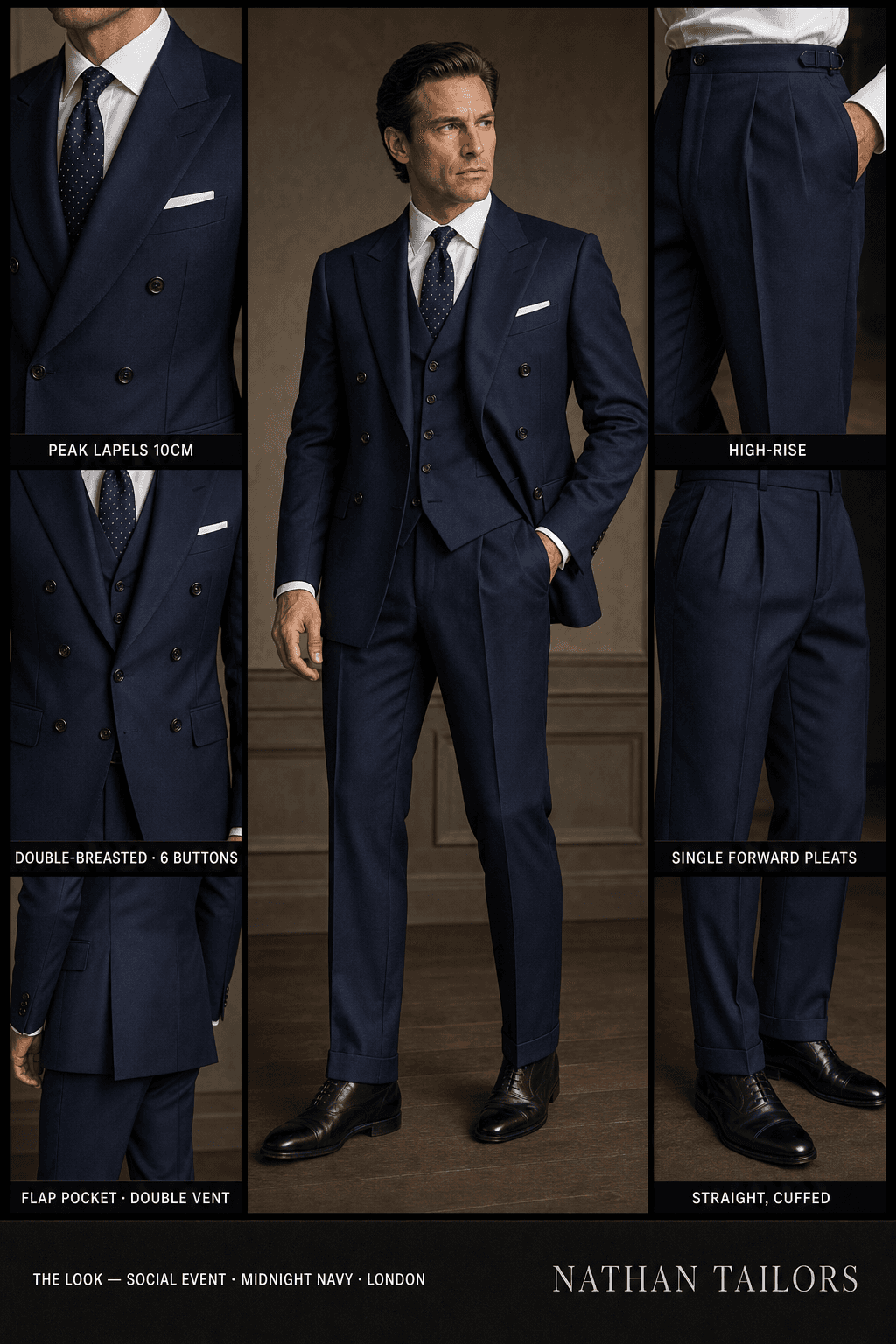 midnight navy double-breasted peak-lapel online custom suit — designed online at RemoteSuit. Made-to-measure online custom suit available from $109.