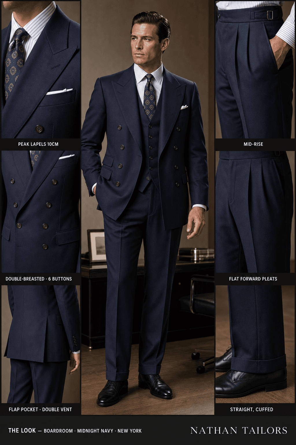 midnight navy double-breasted peak-lapel online custom suit — designed online at RemoteSuit. Made-to-measure online custom suit available from $109.