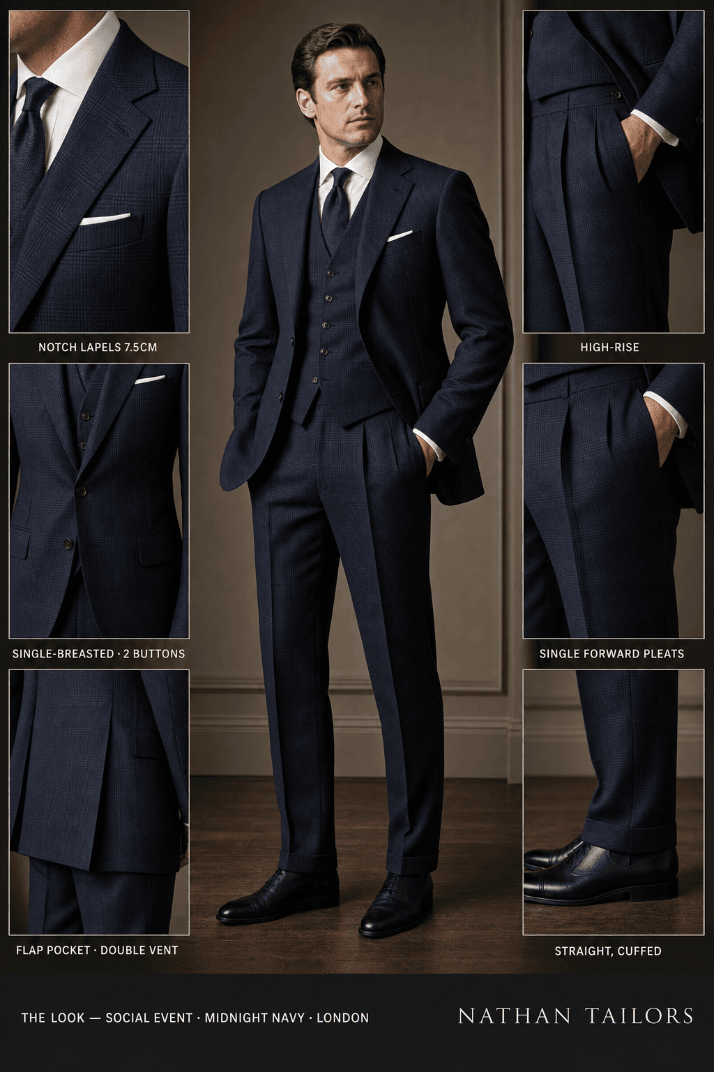 midnight navy glen plaid single-breasted notch-lapel online custom suit — designed online at RemoteSuit. Made-to-measure online custom suit available from $109.
