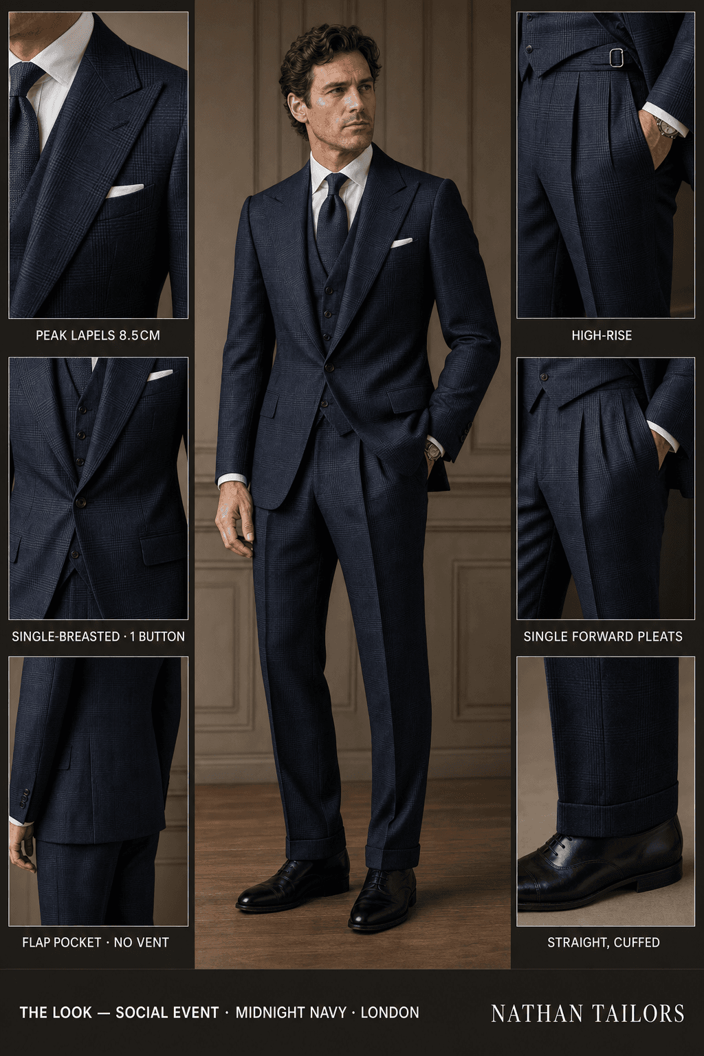 midnight navy glen plaid single-breasted peak-lapel online custom suit — designed online at RemoteSuit. Made-to-measure online custom suit available from $109.