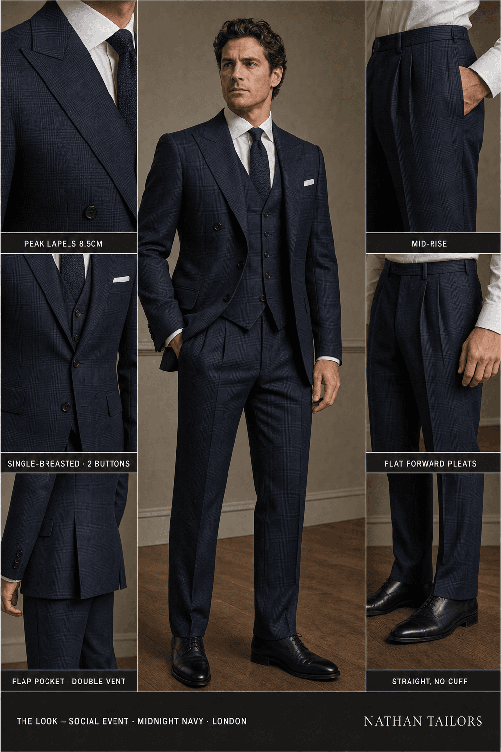 midnight navy glen plaid single-breasted peak-lapel online custom suit — designed online at RemoteSuit. Made-to-measure online custom suit available from $109.