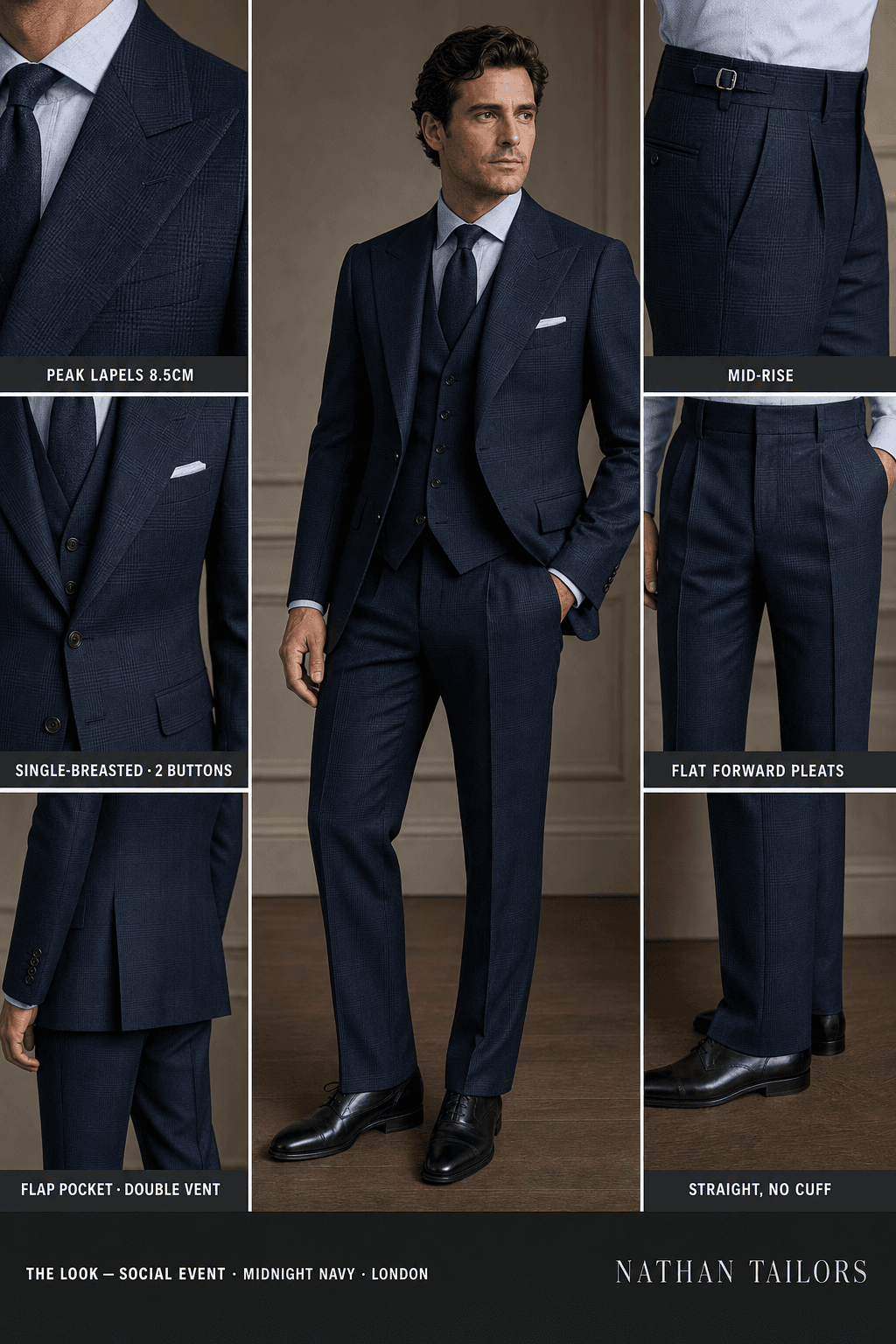 midnight navy glen plaid single-breasted peak-lapel online custom suit — designed online at RemoteSuit. Made-to-measure online custom suit available from $109.