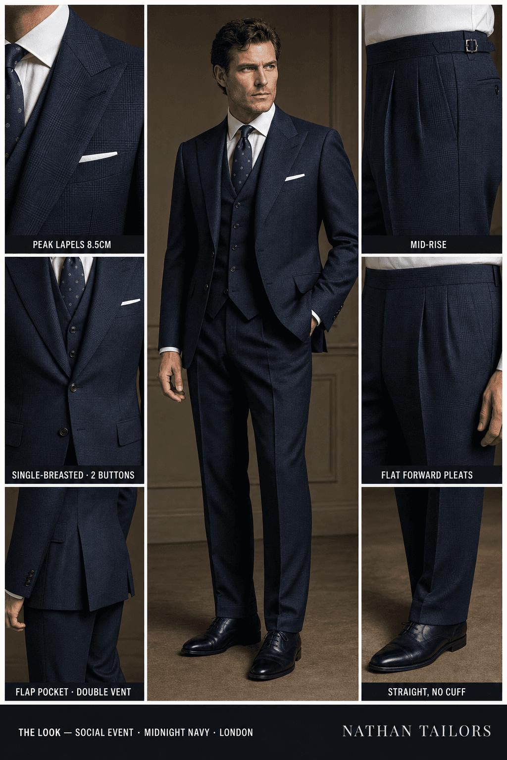 midnight navy glen plaid single-breasted peak-lapel online custom suit — designed online at RemoteSuit. Made-to-measure online custom suit available from $109.