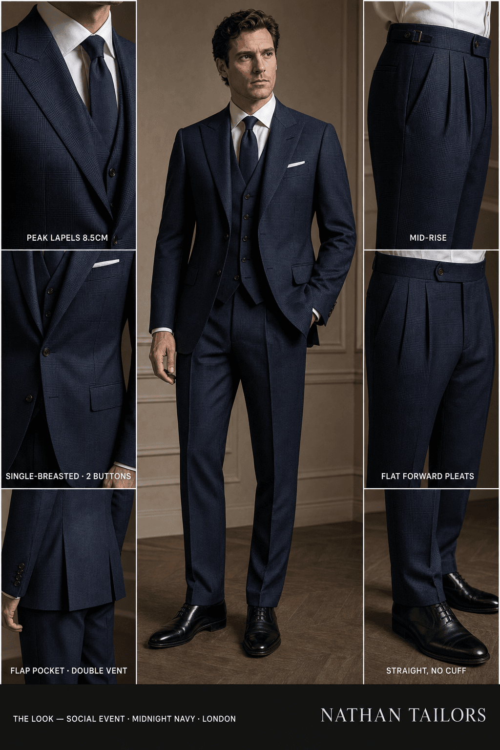 midnight navy glen plaid single-breasted peak-lapel online custom suit — designed online at RemoteSuit. Made-to-measure online custom suit available from $109.