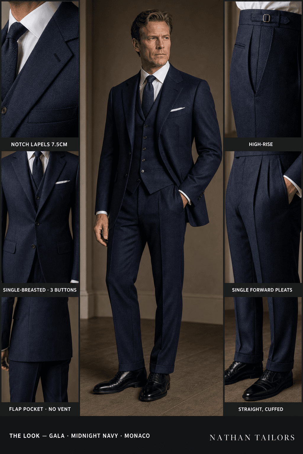 midnight navy herringbone single-breasted online custom suit — designed at RemoteSuit, made to measure online