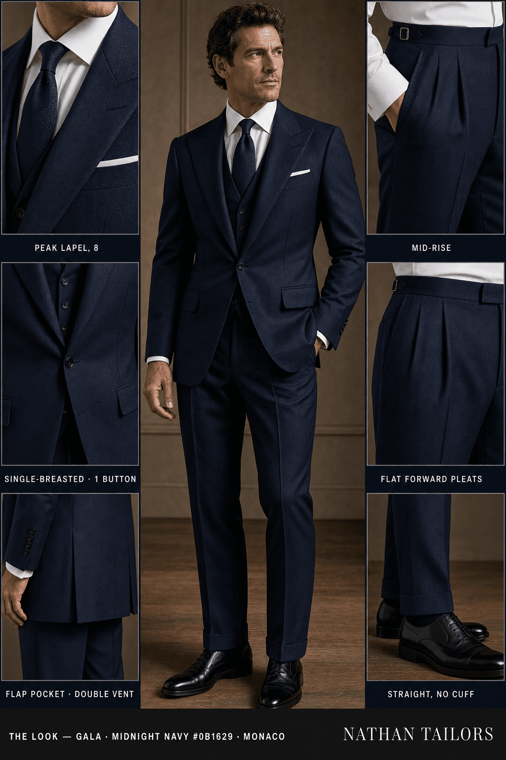 Midnight Navy #0B1629 herringbone single-breasted notch-lapel online custom suit — designed online at RemoteSuit. Made-to-measure online custom suit available from $109.