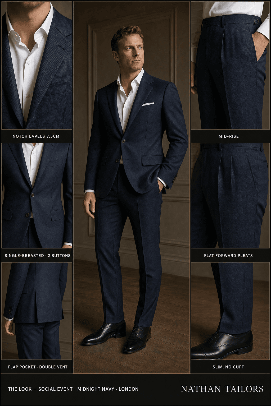 midnight navy herringbone single-breasted notch-lapel online custom suit — designed online at RemoteSuit. Made-to-measure online custom suit available from $129.