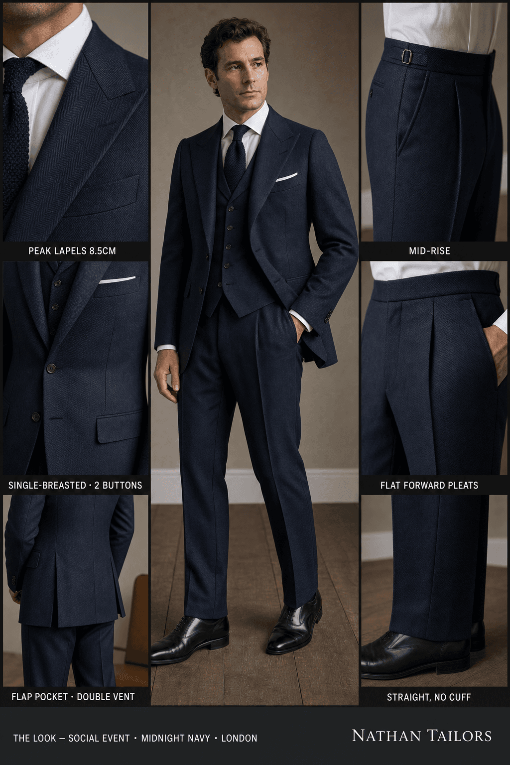 midnight navy herringbone single-breasted peak-lapel online custom suit — designed online at RemoteSuit. Made-to-measure online custom suit available from $109.