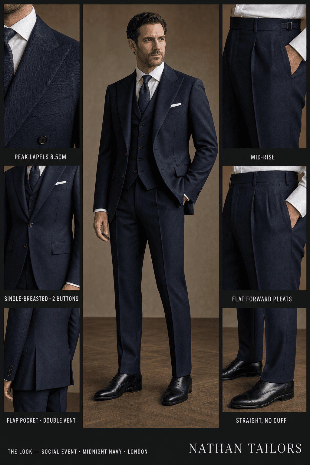 midnight navy herringbone single-breasted peak-lapel online custom suit — designed online at RemoteSuit. Made-to-measure online custom suit available from $109.