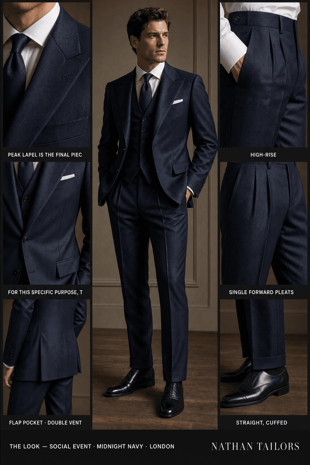 midnight navy herringbone single-breasted peak-lapel online custom suit — designed online at RemoteSuit. Made-to-measure online custom suit available from $109.