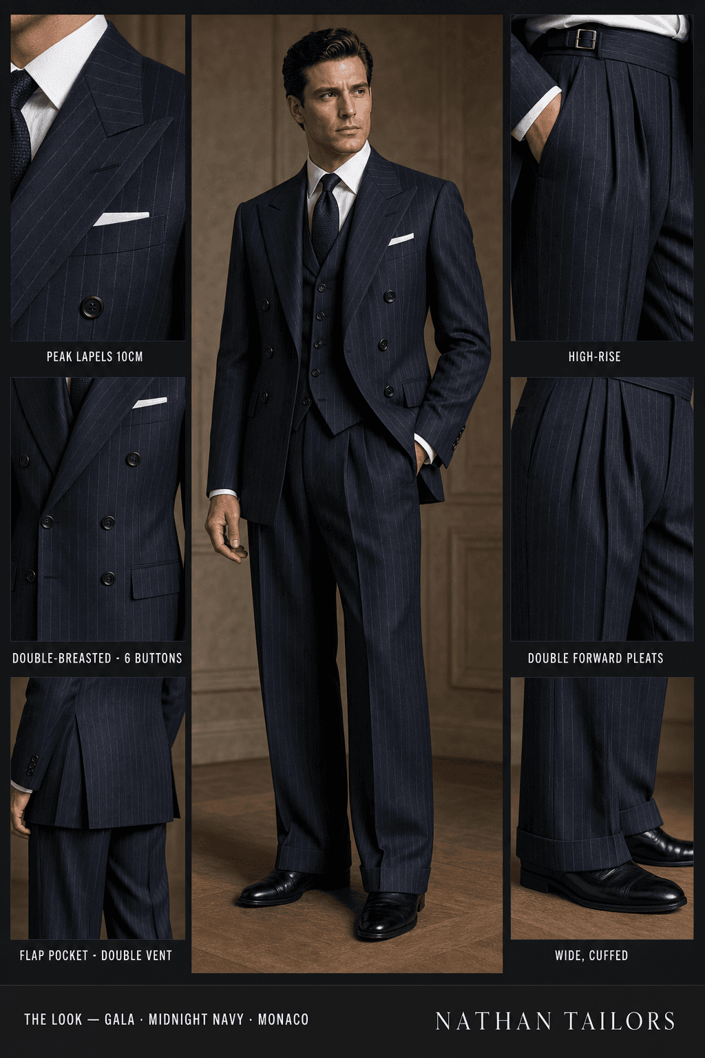 midnight navy pinstripe double-breasted peak-lapel online custom suit — designed online at RemoteSuit. Made-to-measure online custom suit available from $109.
