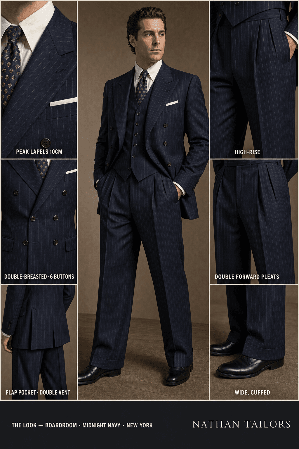 midnight navy pinstripe double-breasted peak-lapel online custom suit — designed online at RemoteSuit. Made-to-measure online custom suit available from $109.