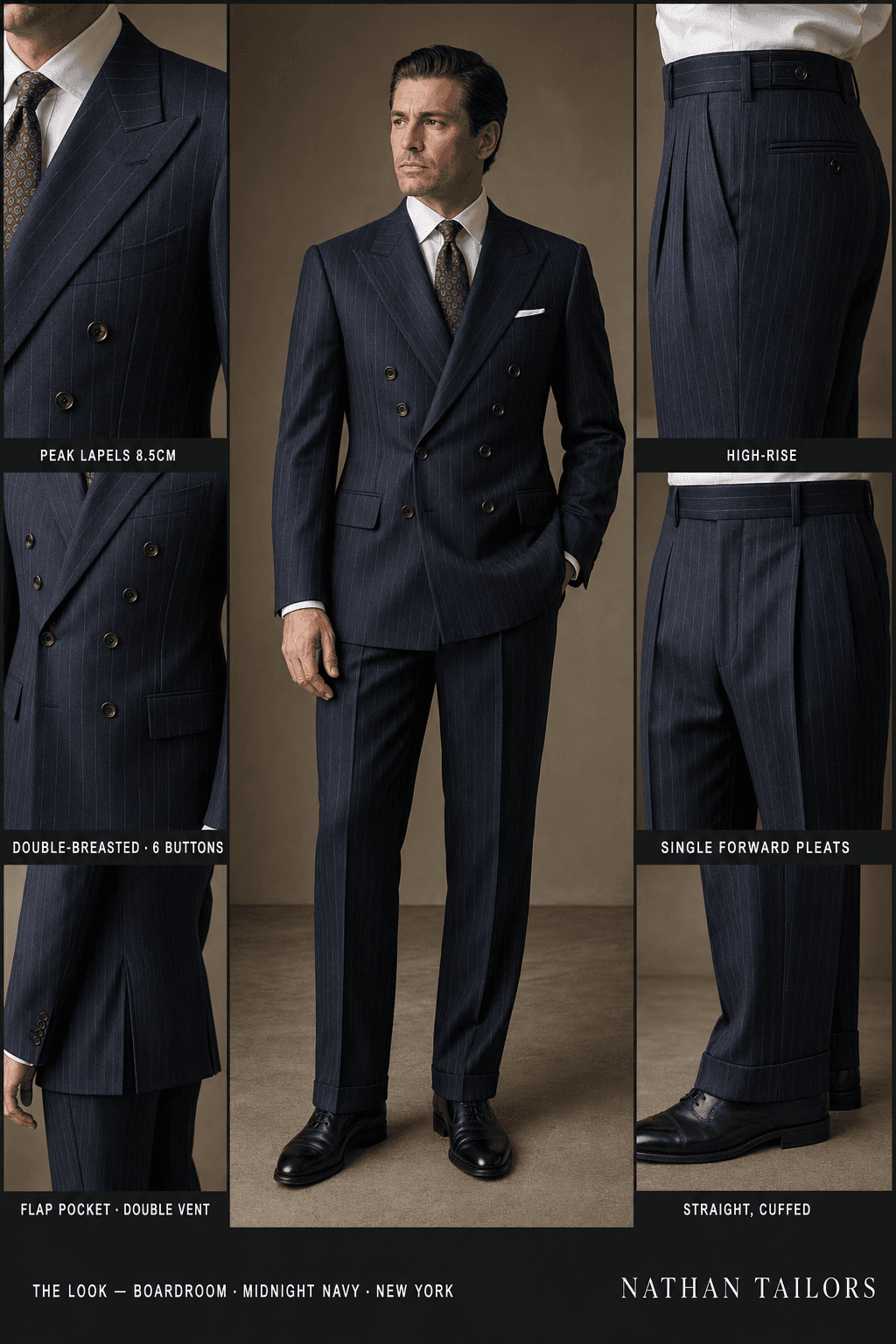 midnight navy pinstripe double-breasted peak-lapel online custom suit — designed online at RemoteSuit. Made-to-measure online custom suit available from $109.