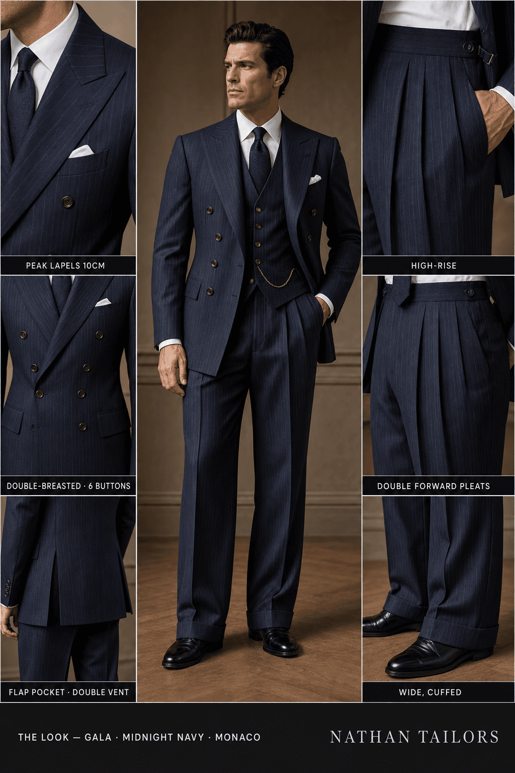 midnight navy pinstripe double-breasted online custom suit — designed at RemoteSuit, made to measure online