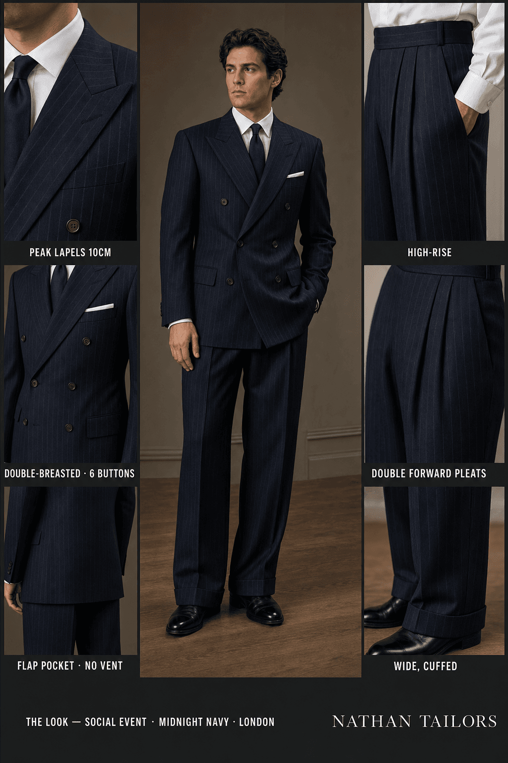 midnight navy pinstripe double-breasted peak-lapel online custom suit — designed online at RemoteSuit. Made-to-measure online custom suit available from $109.