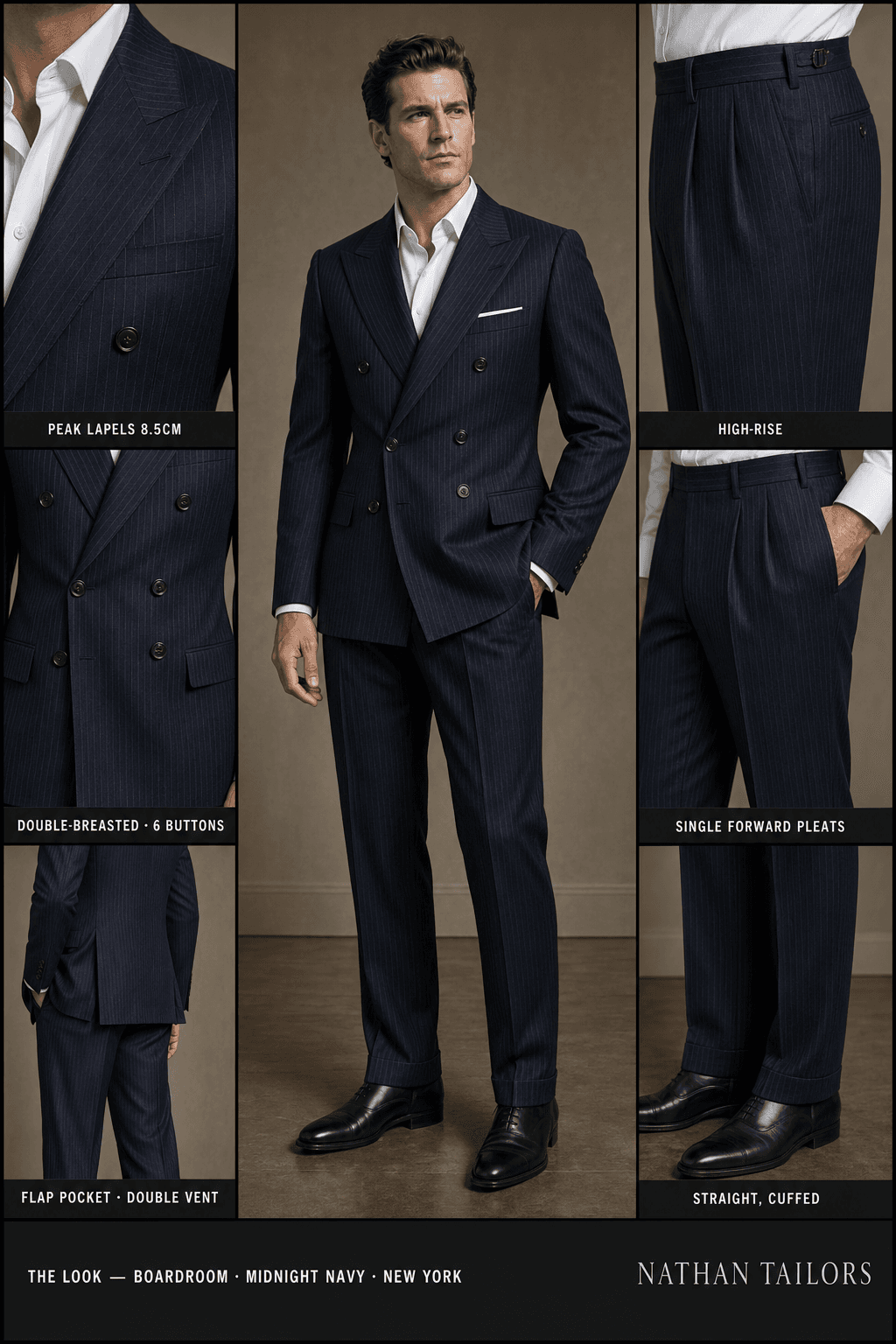 midnight navy pinstripe double-breasted peak-lapel online custom suit — designed online at RemoteSuit. Made-to-measure online custom suit available from $109.