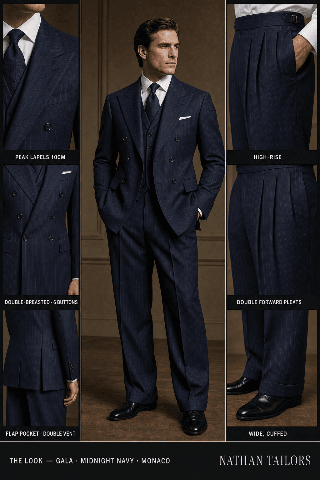 midnight navy pinstripe double-breasted online custom suit — designed at RemoteSuit, made to measure online